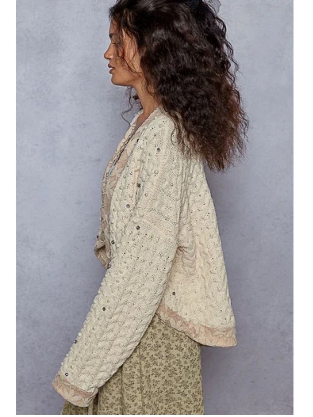 New: POL Boho Cream Beaded Chenille Crochet Knit Open-Front Lace Trim Cardigan•S - Picture 5 of 9